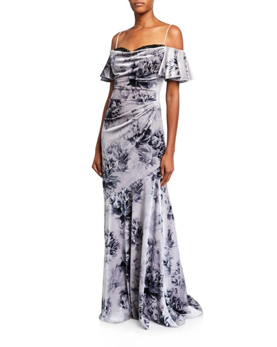 Theia Floral Velvet Sweetheart Cold-shoulder Lace-inset Gown In Smoke