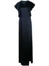 Oscar De La Renta Ruffle Highneck Satin Slit Gown In Navy