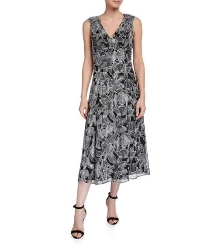 Carmen Marc Valvo Infusion Floral-embroidered Fit & Flare Dress In Black/white