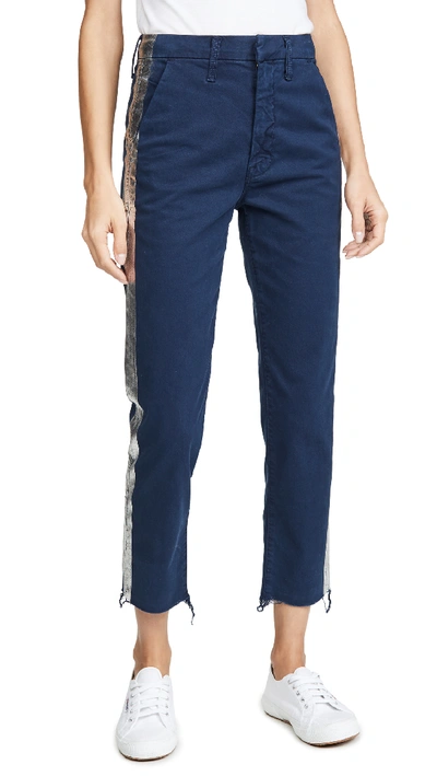 Mother The Shaker Metallic Stripe Cropped Frayed Pants In Navy/silver