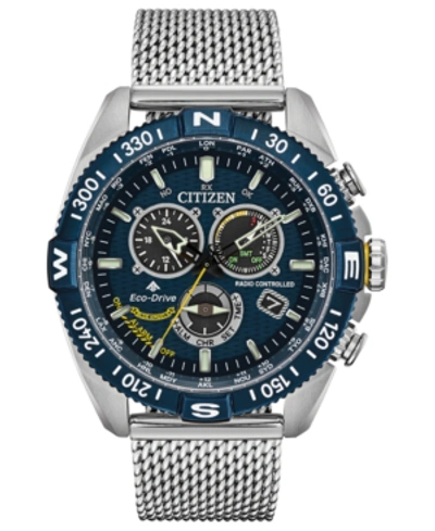 Citizen Eco-drive Men's Chronograph Promaster Blue Angels Navihawk Stainless Steel Mesh Bracelet Watch 44mm In Blue/silver