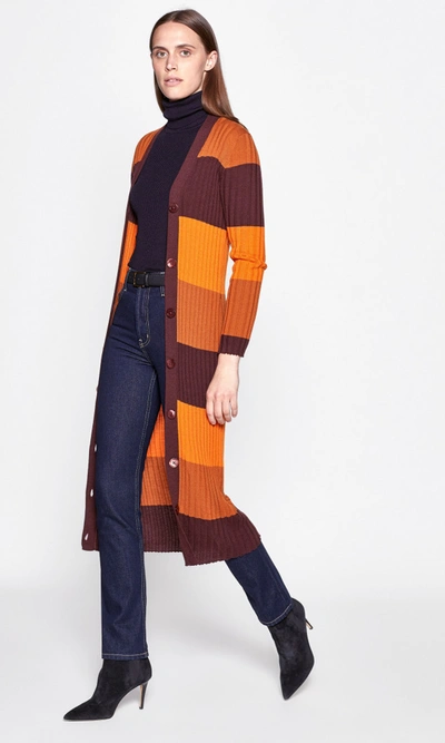 Equipment Verelle Stripe Ribbed Long Wool Cardigan In Aubergine Bis Multi