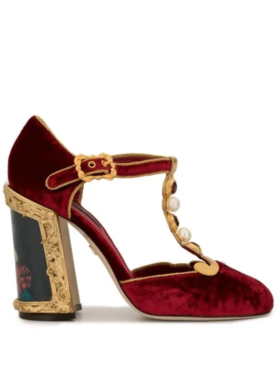 Dolce & Gabbana Painted Heel T-strap Pumps In 89668 Red/gold