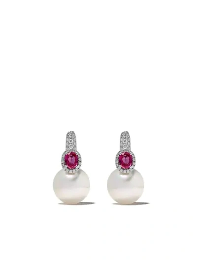Yoko London 18kt White Gold Belgravia South Sea Pearl, Ruby And Diamond Earrings In 7