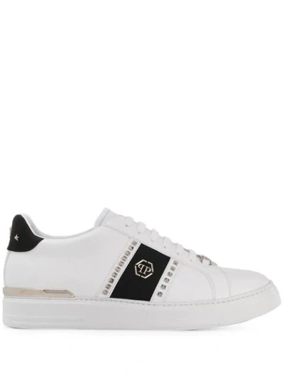 Philipp Plein Lo-top Sneaker In White Leather With Side Studs In Bianco/nero