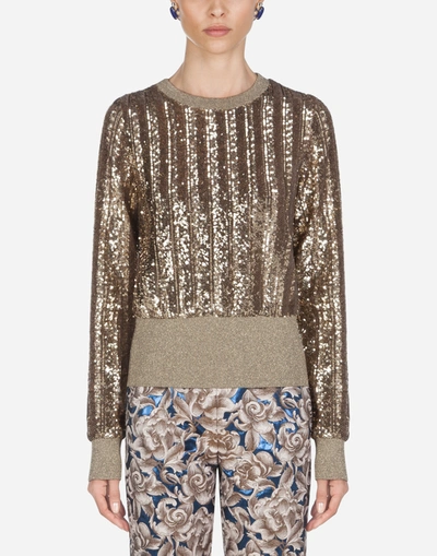 Dolce & Gabbana Silk Crew Neck Sweater With Micro Sequins In Gold