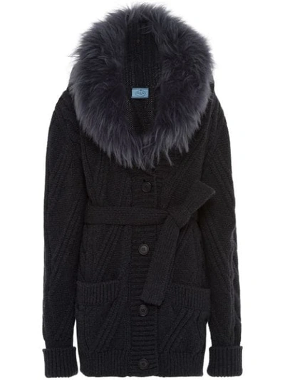 Prada Fur Collar Knitted Cardigan In Grey