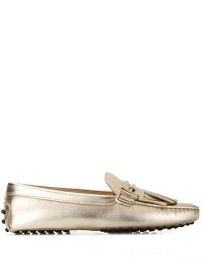 Tod's Fringed Driving Loafers In Gold