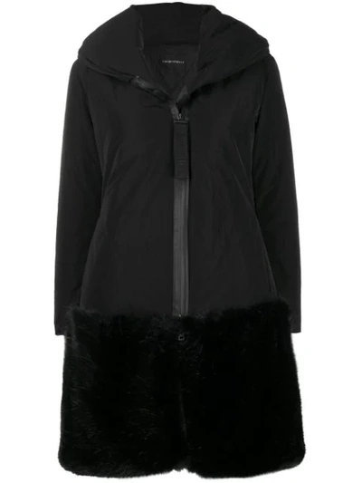 Emporio Armani Faux Fur Hem Shell Coat In Black