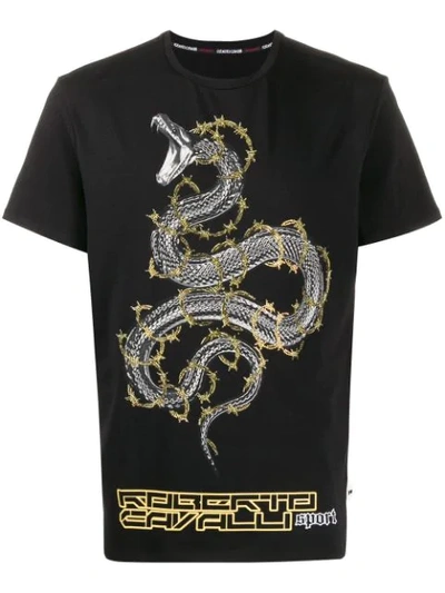 Roberto Cavalli Snake Print Logo T-shirt In Black