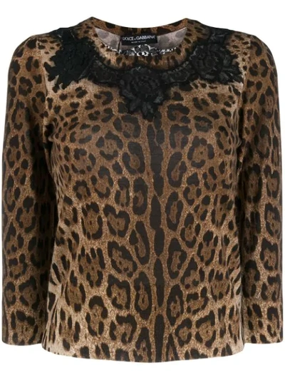 Dolce & Gabbana Lace Inset Leopard Print Wool Blend Sweater