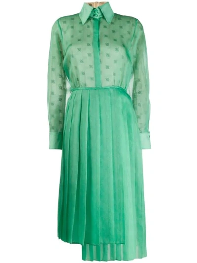 Fendi Ff Karligraphy Silk Organza Long Sleeve Midi Shirtdress In Light Green