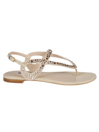 Stuart Weitzman Allura Embellished Thong Flat Sandals In Beige