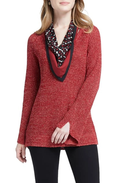 Nic + Zoe Explorer V-neck Marled Sweater Top With Printed Scarf In Red Dahlia