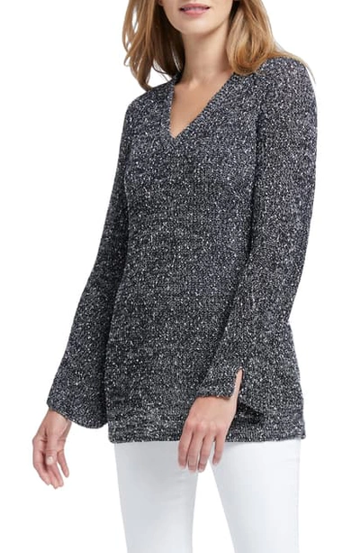 Nic + Zoe Explorer V-neck Marled Sweater Top With Printed Scarf In Black Mix