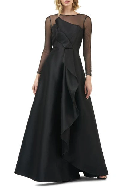 Kay Unger Adele Illusion Sleeve Mikado A-line Gown W/ Cascading Ruffle Detail In Black