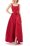Kay Unger Sophie Sleeveless Mikado Walk Thru Jumpsuit W/ Ankle Pants & 3d Bow In Stunning Red