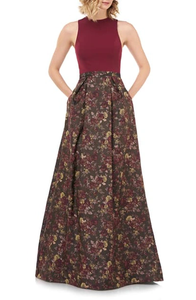 Kay Unger Mikela Floral Jacquard Halter Gown W/ Crepe Bodice & Pockets In Burgundy Multi