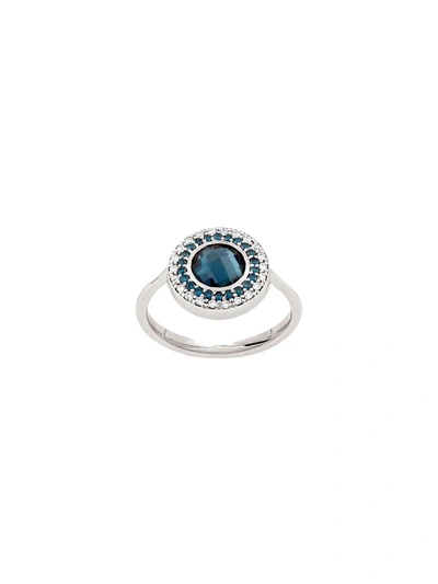 Dinny Hall 14ct White Gold Double Halo Blue Topaz And Diamond Pinky Ring In Silver