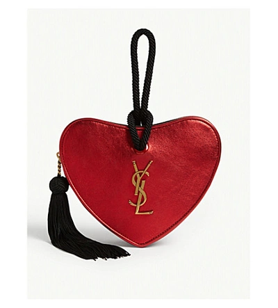 Saint Laurent Sac Coeur Heart Calf Clutch Bag In Rouge Metal