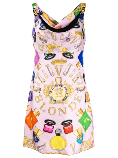 Versace Perfume Print Silk Twill Mini Dress In Pink