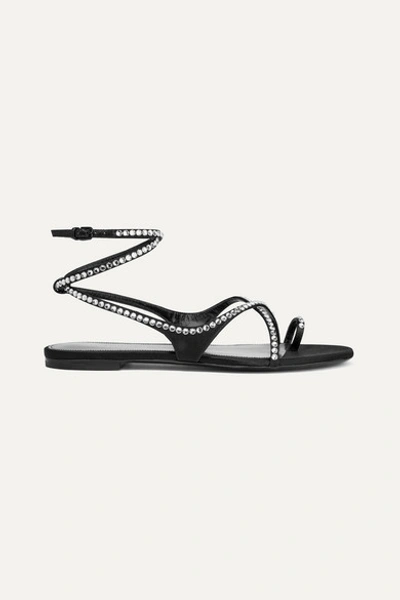 Saint Laurent Gia Crystal-embellished Wraparound Satin Sandals In Black