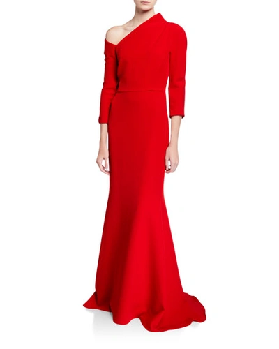 Badgley Mischka Couture One-shoulder Crepe Gown With Structured Neckline In Red