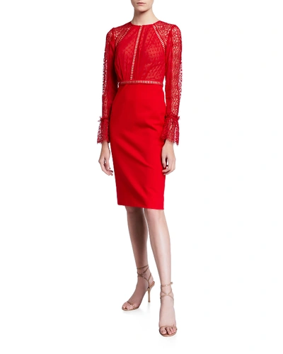Catherine Deane Chiffon-ponte Lace Long-sleeve Cocktail Dress In Red