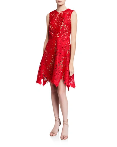 Catherine Deane Leaf Lace Sleeveless Short Dress In Red