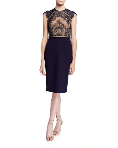 Catherine Deane Lace-ponte Cocktail Dress With Ladder Trim In Navy