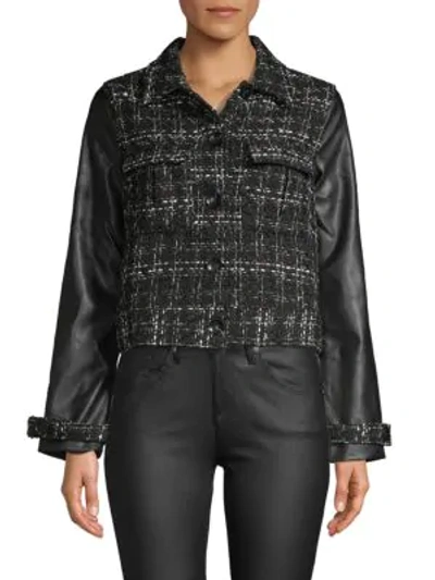 Laundry By Shelli Segal Faux Leather-sleeve Tweed Jacket In Black
