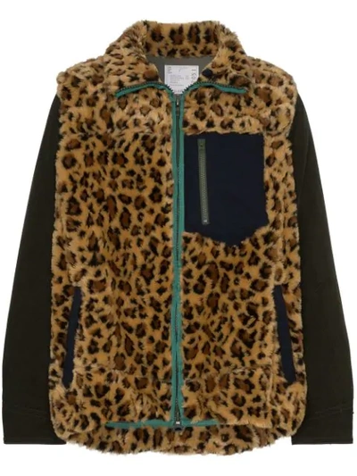 Sacai Leopard Print Faux-fur Coat In Green