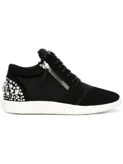 Giuseppe Zanotti Crystal-embellished Suede & Satin Side-zip Sneakers In Black