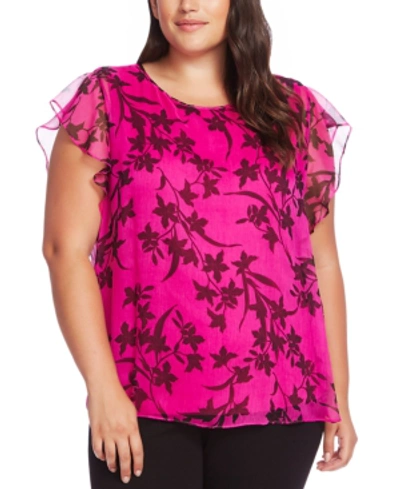 Vince Camuto Plus Size Printed Flutter-sleeve Top In Pink Shock