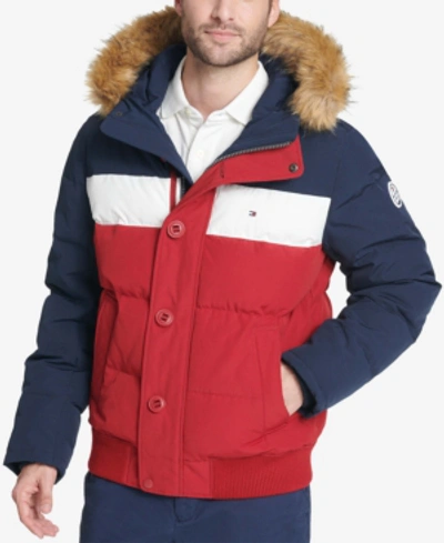 Tommy Hilfiger Men's Big & Tall Short Parka Jacket With Faux Fur Hood In Navy/red Colorblock