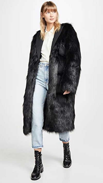 Anais Jourden Black Faux Fur Maxi Blazer With Triple Pockets