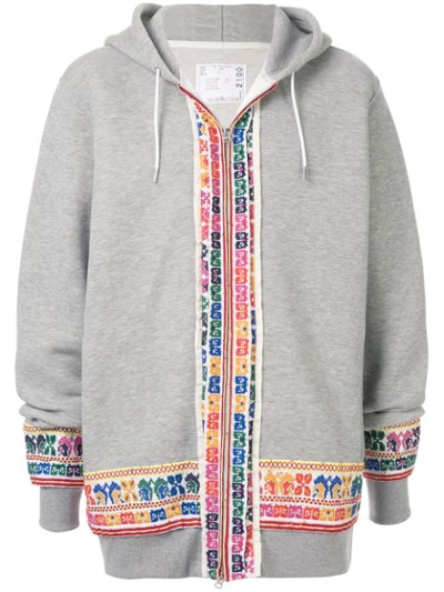 Sacai Embroidered Zipped Hoodie In Grey