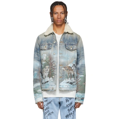 Amiri Shearling Airbrushed Trucker Jacket In Blue | ModeSens