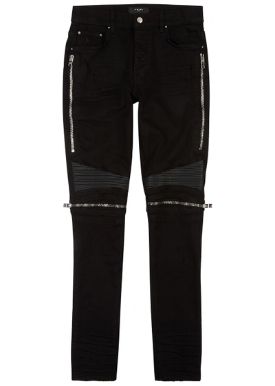 Amiri Mx2 Skinny-fit Leather-panelled Distressed Stretch-denim Jeans In Black