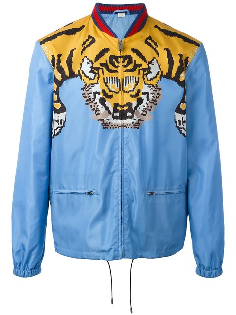 Gucci Men's Tiger Print Windbreaker Bomber In Blue | ModeSens