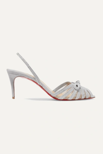Christian Louboutin Araborda 70 Crystal-embellished Suede And Mesh Slingback Sandals In Light Gray