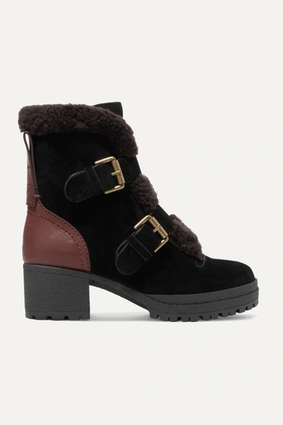 See By Chloé Shearling-trimmed Suede And Leather Ankle Boots In Nero