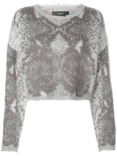 Amiri Cropped Frayed Jacquard-knit Wool And Cashmere-blend Sweater In Grey