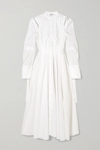Alexander Mcqueen Cutout Pleated Cotton-poplin Dress In Cream