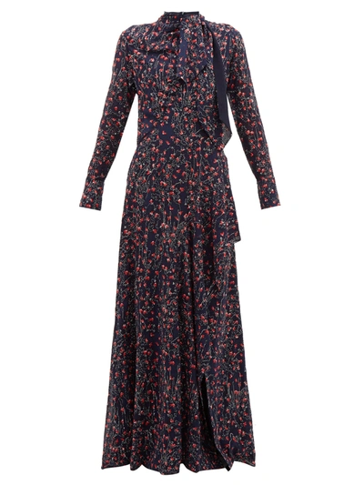 Chloé Pussy-bow Embroidered Floral-print Silk-georgette Gown In Purple