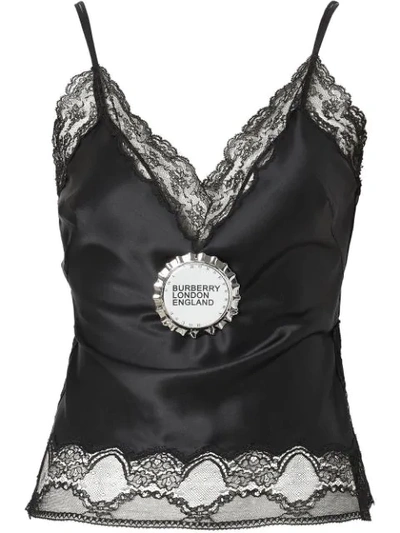 Burberry Bottle Cap Detail Satin And Lace Oversized Camisole In Black