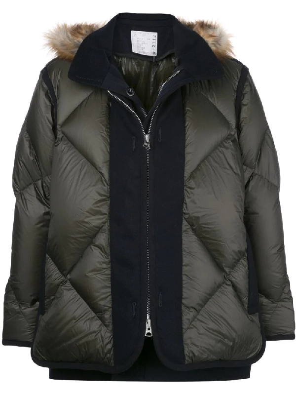 Sacai Quilted Panel Down Jacket In 505 Khaki Navy | ModeSens