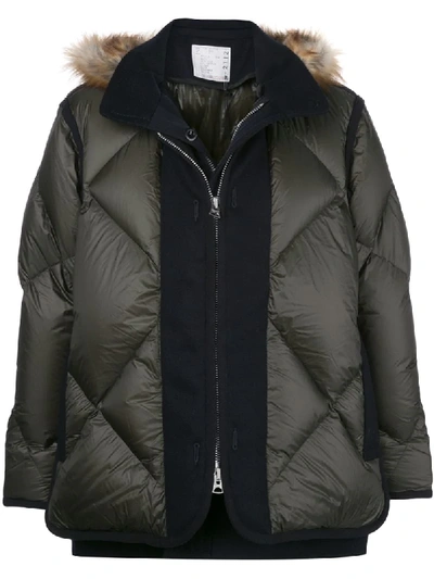 Sacai Quilted Panel Down Jacket In Khaki Navy