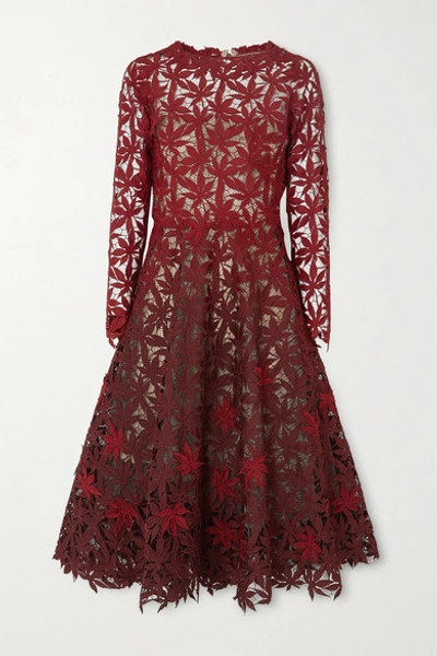 Oscar De La Renta Embroidered Lace Eyelet Leaf Long-sleeve A-line Dress In Merlot