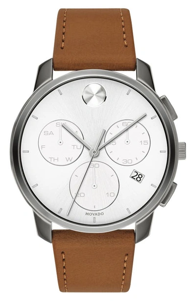 Movado Bold Chronograph Leather Strap Watch, 42mm In White/tan